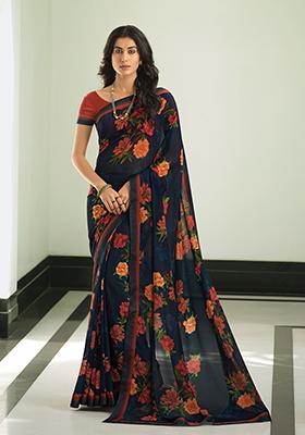 Navy Blue Printed Georgette Saree Set