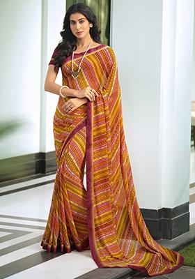 Orange Printed Georgette Saree Set