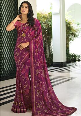 Wine Printed Georgette Saree Set