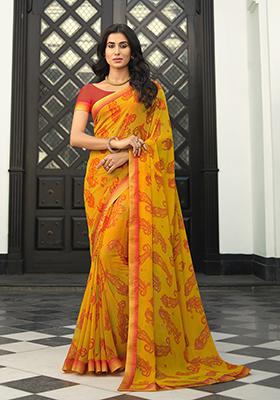 Yellow Printed Georgette Saree Set