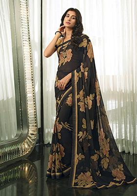 Black Printed Georgette Saree Set