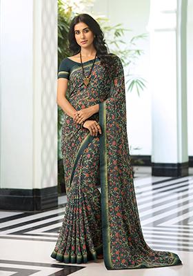 Bottle Green Printed Georgette Saree Set
