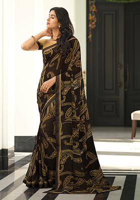 Dark Brown Printed Georgette Saree Set