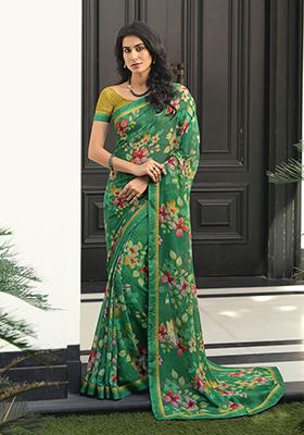 Green Printed Georgette Saree Set