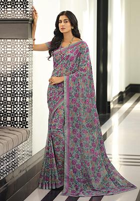 Grey Printed Georgette Saree Set