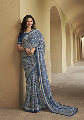 Blue Printed Georgette Saree Set