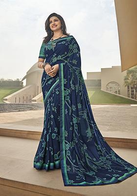 Dark Blue Printed Georgette Saree Set