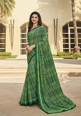 Green Printed Georgette Saree Set
