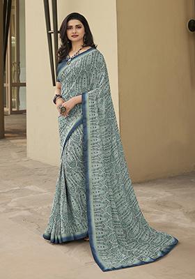 Grey Printed Georgette Saree Set