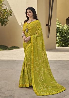 Lemon Yellow Printed Georgette Saree Set