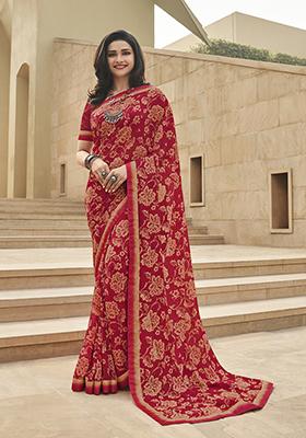 Red Printed Georgette Saree Set