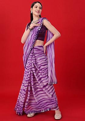 Purple Printed Georgette Saree Set