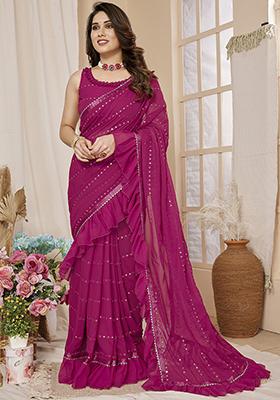 Pink Mirror Work Georgette Saree Set