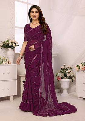 Purple Mirror Work Georgette Saree Set