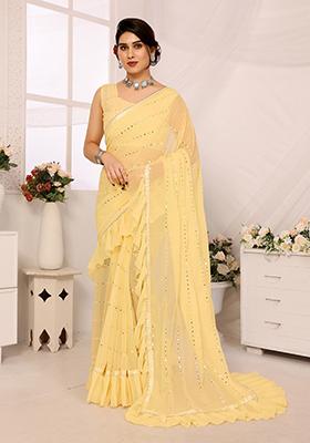 Yellow Mirror Work Georgette Saree Set