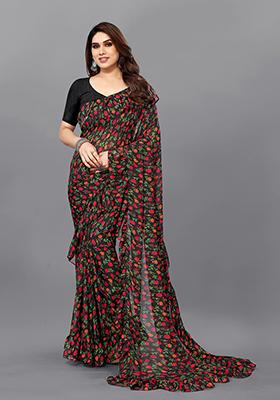 Black Printed Georgette Saree Set