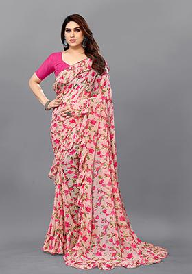 Bottle Green Printed Georgette Saree Set