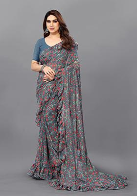 Grey Printed Georgette Saree Set
