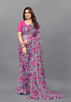 Pink Printed Georgette Saree Set