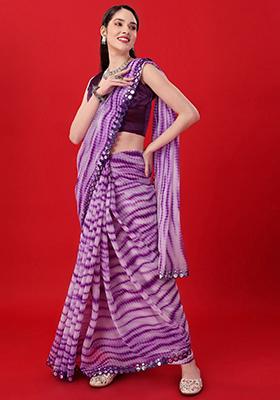 Purple Printed Georgette Saree Set