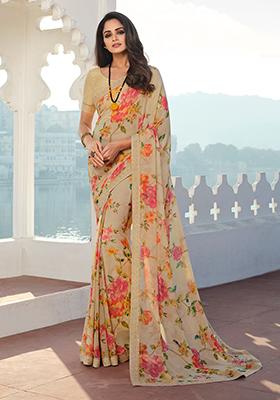 Cream Printed Georgette Saree Set