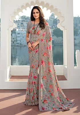 Grey Printed Georgette Saree Set