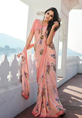 Peach Printed Georgette Saree Set