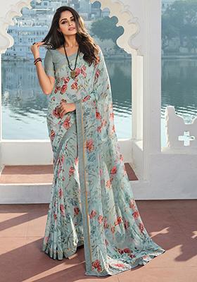 Sky Blue Printed Georgette Saree Set
