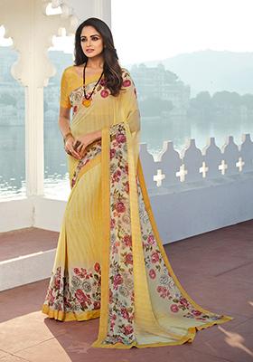 Yellow Printed Georgette Saree Set