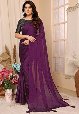 Purple Stone Work Satin Chiffon Saree Set