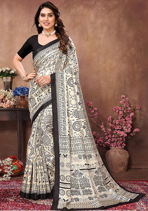 Cream Printed Khadi Saree Set