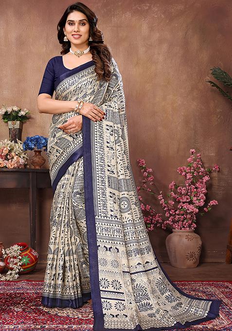 Cream Printed Khadi Saree Set