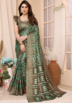 Green Printed Khadi Saree Set