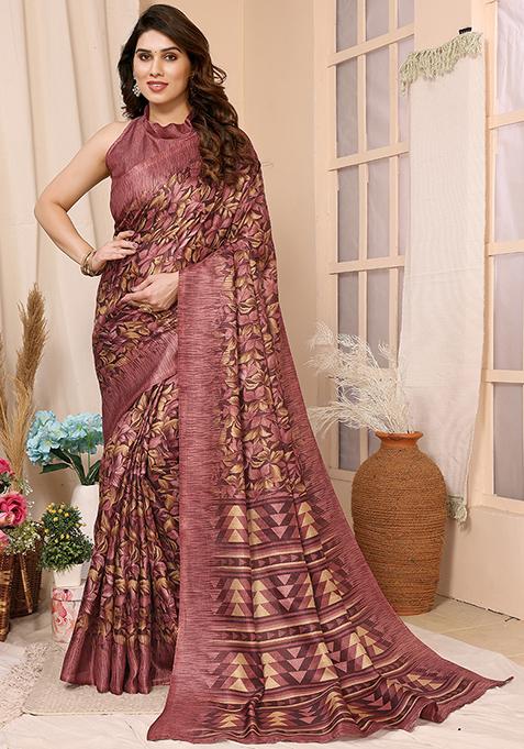 Maroon Printed Khadi Saree Set
