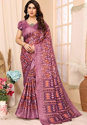 Purple Printed Khadi Saree Set