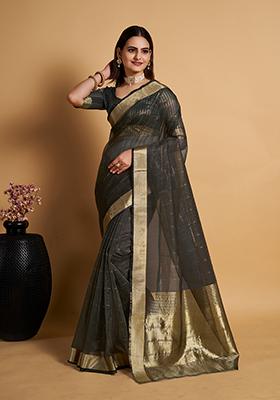Black Woven Organza Silk Saree Set