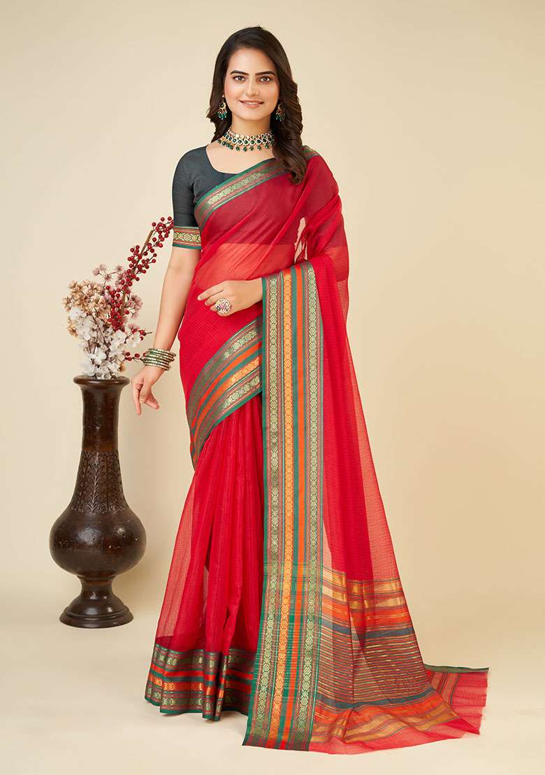 Red Woven Kota Doriya Soft Silk Saree Set - Indya