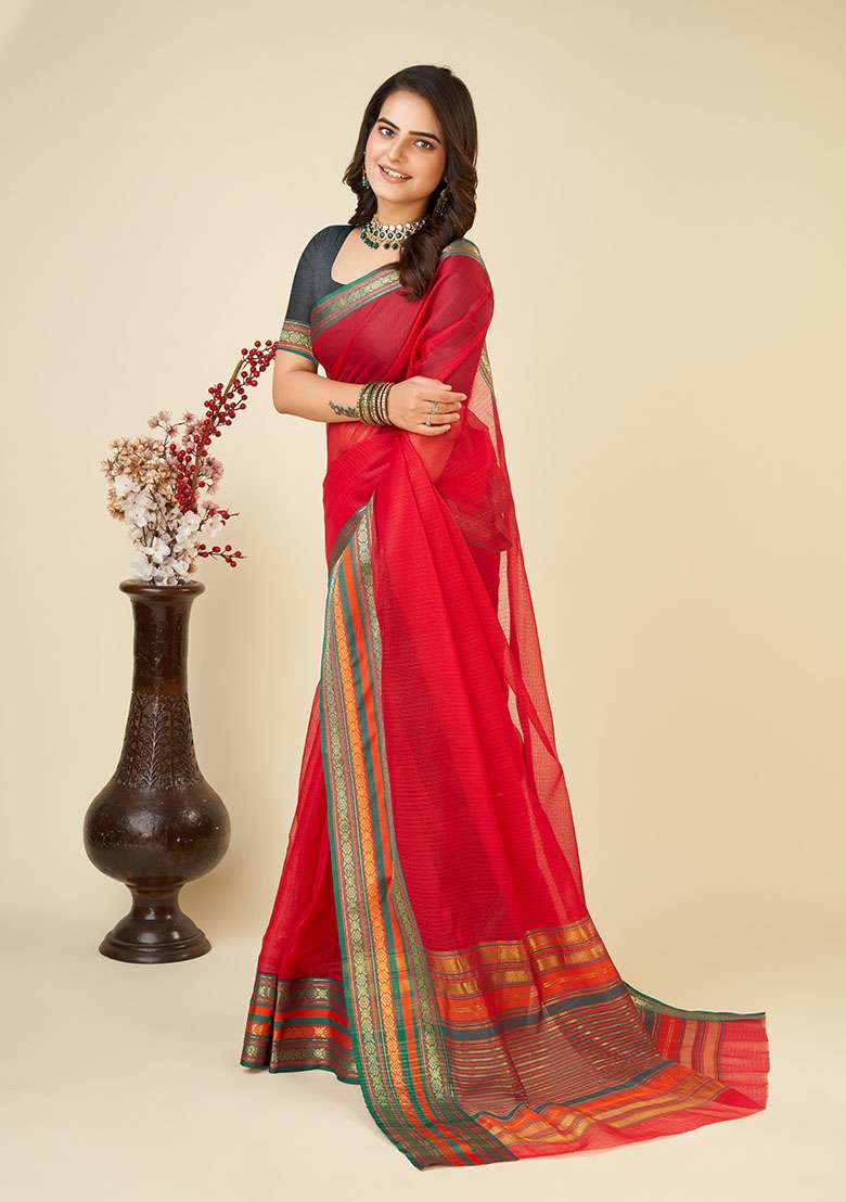 Red Woven Kota Doriya Soft Silk Saree Set - Indya