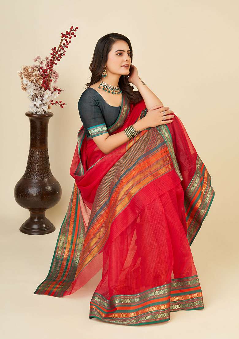Red Woven Kota Doriya Soft Silk Saree Set - Indya