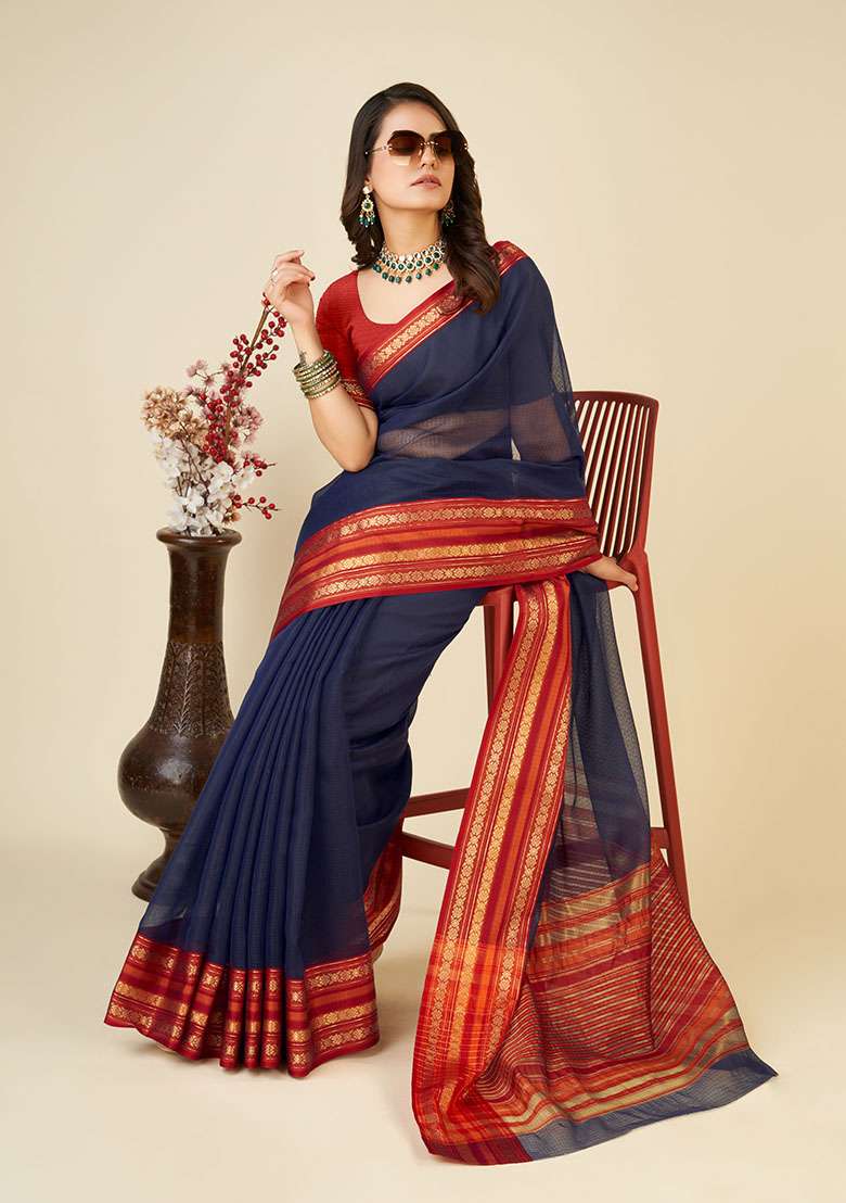Blue Woven Kota Doriya Soft Silk Saree Set - Indya