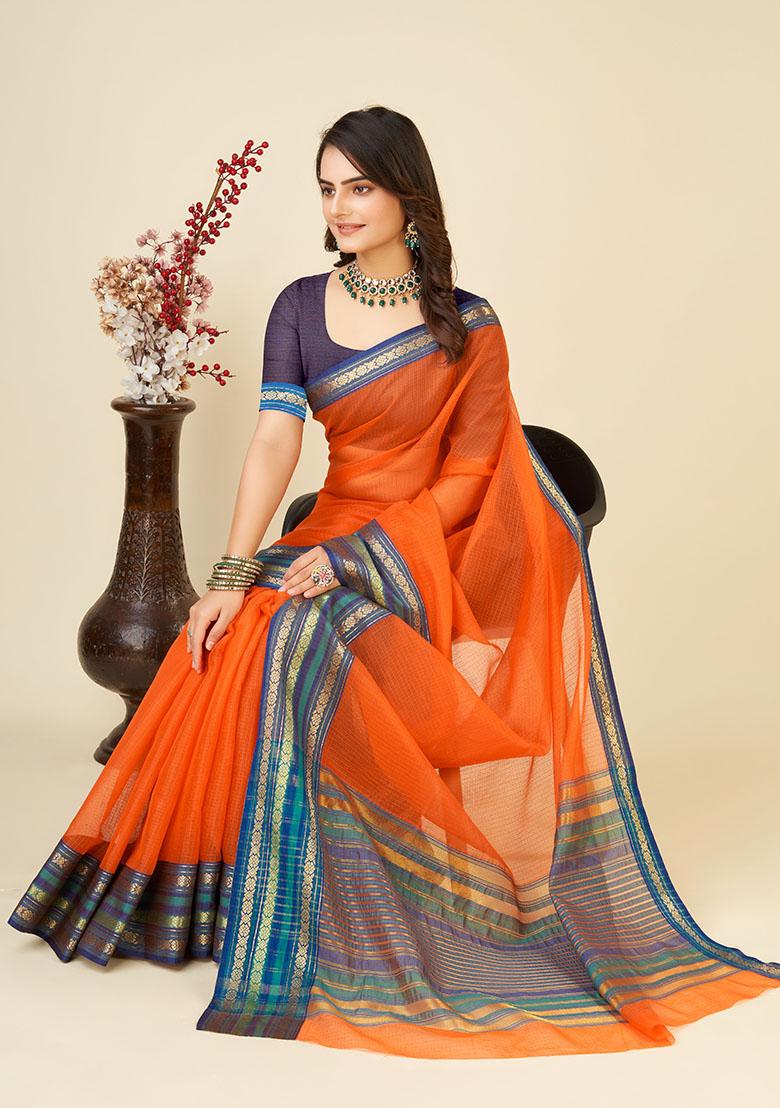 Orange Woven Kota Doriya Soft Silk Saree Set