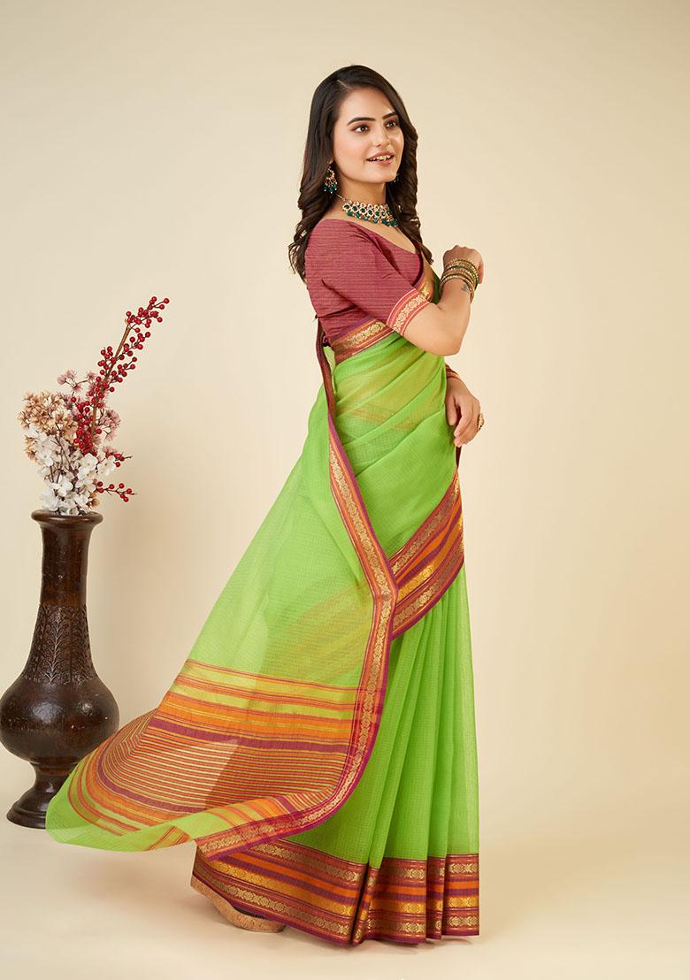 Parrot Green Woven Kota Doriya Soft Silk Saree Set