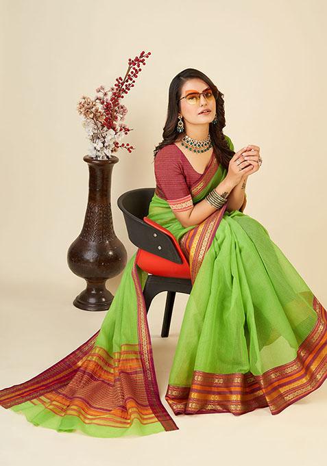 Parrot Green Woven Kota Doriya Soft Silk Saree Set