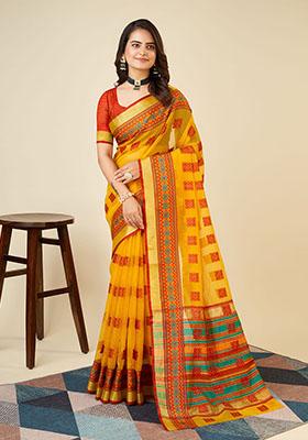 Yellow Woven Kota Doriya Soft Silk Saree Set