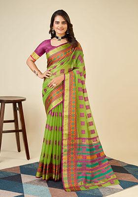 Yellow And Green Woven Kota Doriya Soft Silk Saree Set
