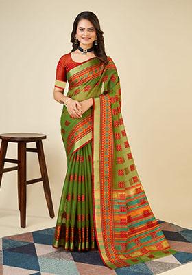 Lime Green Woven Kota Doriya Soft Silk Saree Set