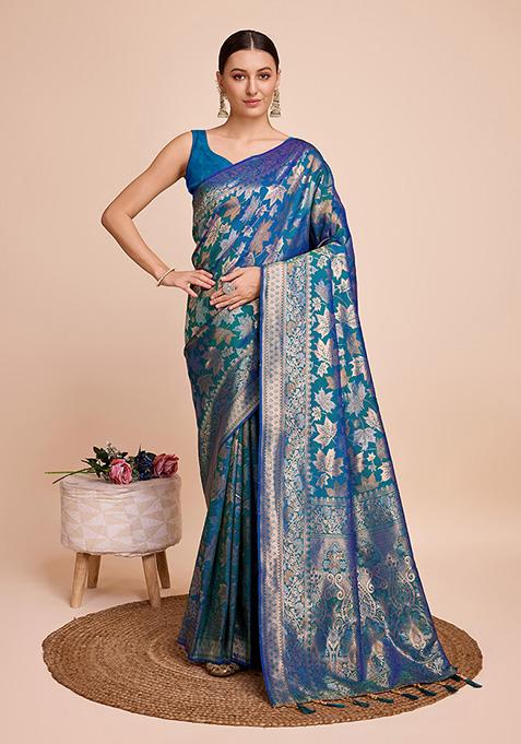 Blue Woven Kota Doriya Soft Silk Saree Set