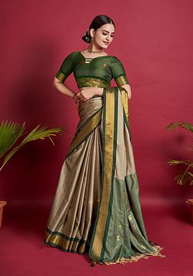 Cream And Green Woven Lichi Soft Silk Saree Set