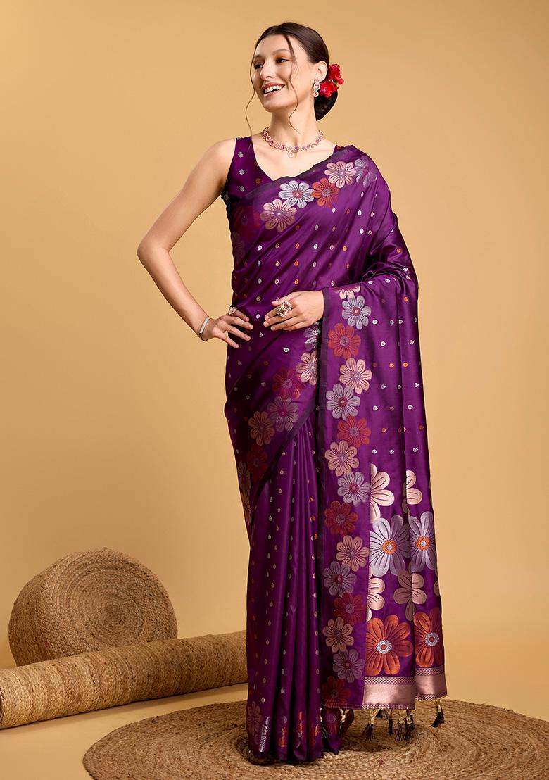 Purple Woven Pure Jacquard Saree Set