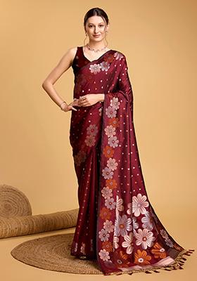 Maroon Woven Pure Jacquard Saree Set